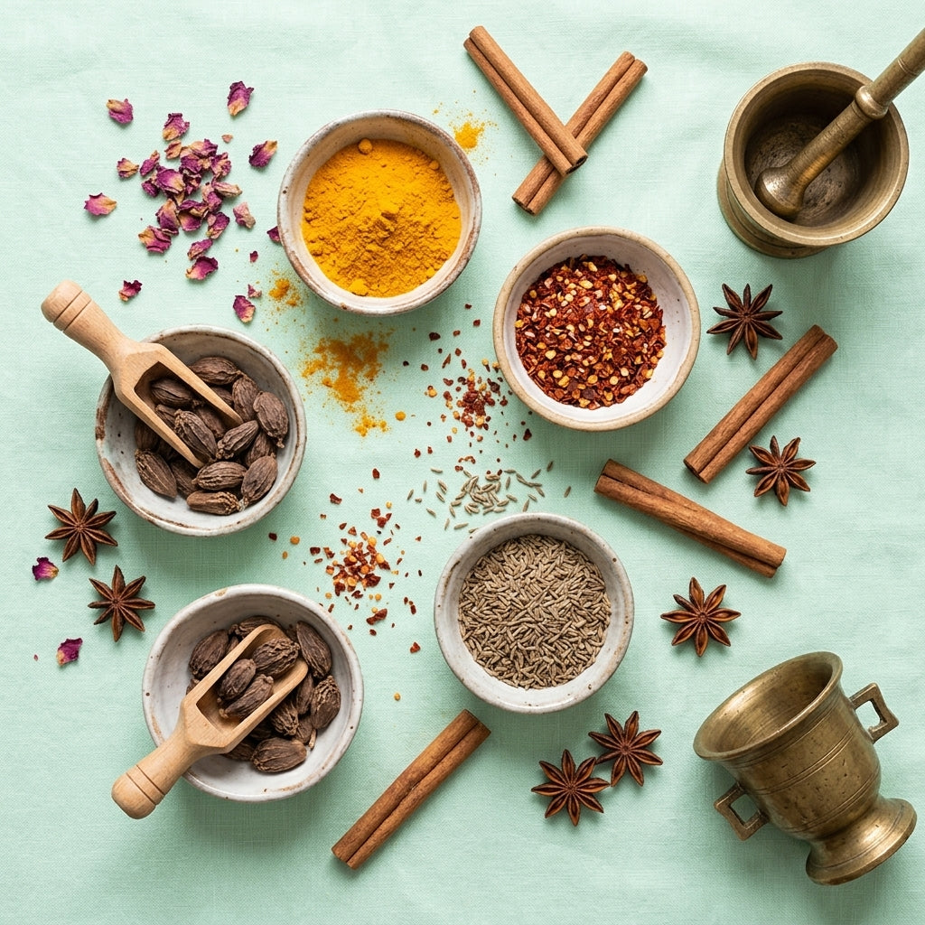 Assorted spice bowls flat lay - Yemen Spices