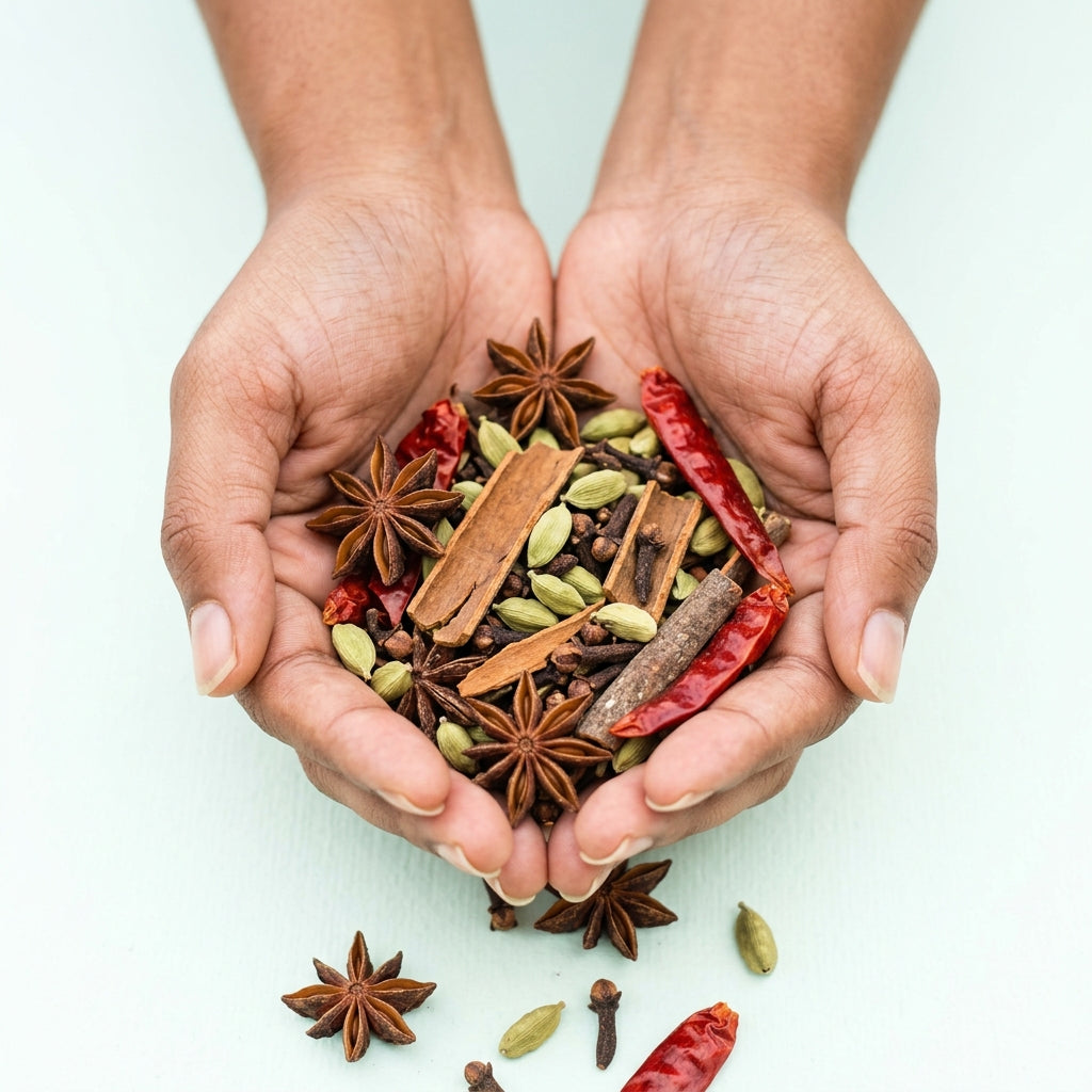 Cupped hands holding whole spices - Yemen Spices